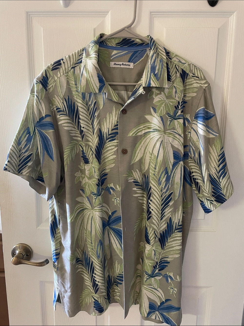Tommy Bahama Gray Short-Sleeve Palm Leaf Camp Shirt with Blue and Green Accents
